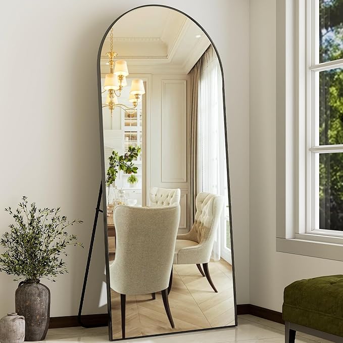 GLSLAND 35x78 inch Arched Full Length Mirror - Aluminum Alloy Frame Floor Mirror with Stand High Definition-Full Body Mirrors for Bedroom or Living Room,Black