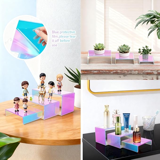 Stackable Acrylic Display Risers, 4 Sets 12 Pieces Clear Riser Stands, 3-Tier Iridesc Stair Stands for Cupcakes, Jewelry, Makeup - Waterproof & Easy Clean, Space-Saving Nesting Design (3 Sizes)