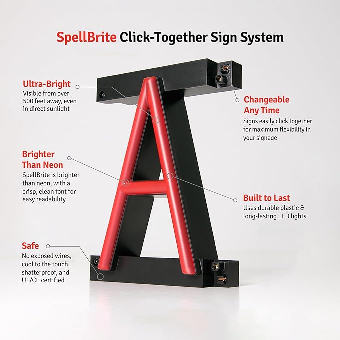 SpellBrite Custom Signs for Business | Custom Neon Sign Look, LED Light Source | Changeable 6.3" LED Letters (3 rows, 11 characters)