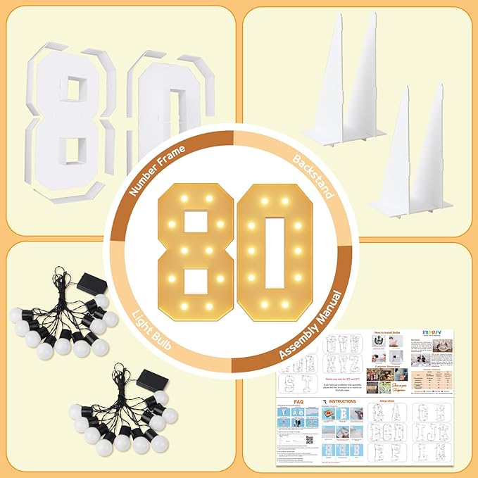 imprsv 4FT Light Up Numbers, Marquee Numbers 80th Birthday Decorations for Women Men, Large Light Up Numbers 80th Birthday Women Foam Board Anniversary Party Decorations Arch Kit (DIY)