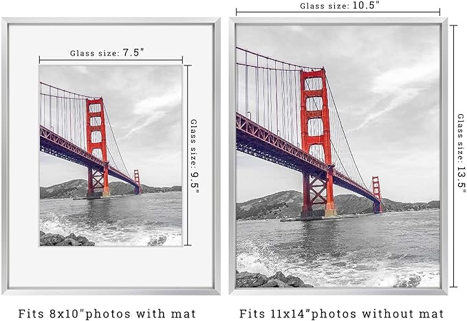 Frametory, 11x14 Metal Picture Frame with Mat for 8x10 Picture & Real Glass, Aluminum Photo Frame Collection (Silver, 2 Pack)