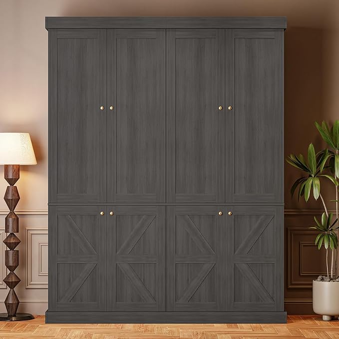 70.8" Tall Bookshelf with Doors, Farmhouse Modular Bookcase with 4-Tier Adjustable Shelves, Large Storage Cabinet for Home Office, Living Room, Black, Set of 2