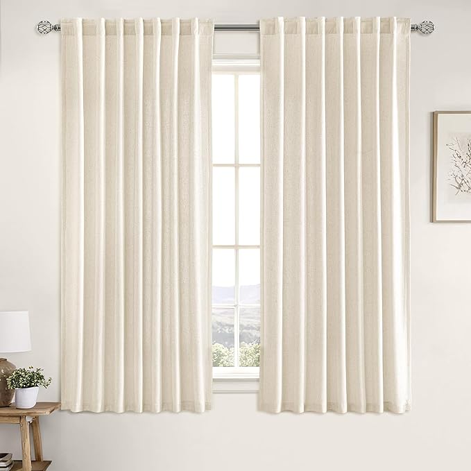 MIULEE Non-See-Through Privacy Linen Curtains 2 Panels, Light Filtering Window Curtains Farnhouse Textured Back Tab Semi Sheer Drapes for Bedroom Living Room, 52 x 63 Inches Long, Ivory