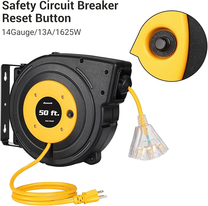 DEWENWILS Retractable Extension Cord Reel, 50FT Power Cord Reel with 14AWG/3C SJTOW, 13A Circuit Breaker, Wall/Ceiling Mounted, 3-Lighted Triple Outlets for Garage, Workshop, UL Listed, Yellow