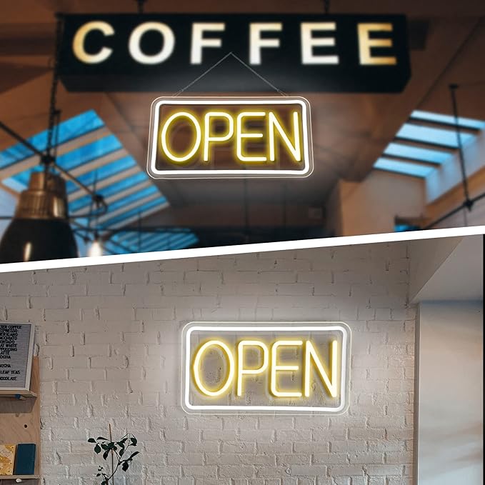 Open Signs for Business,Neon Open Sign Led,16.5"x 9",with Open/Closed Bussiness Hour Sign Set,Light for Bar Coffee Salon Store Window,12V/2A Adapter with ON/OFF Switch (Yellow/White Horizontal)
