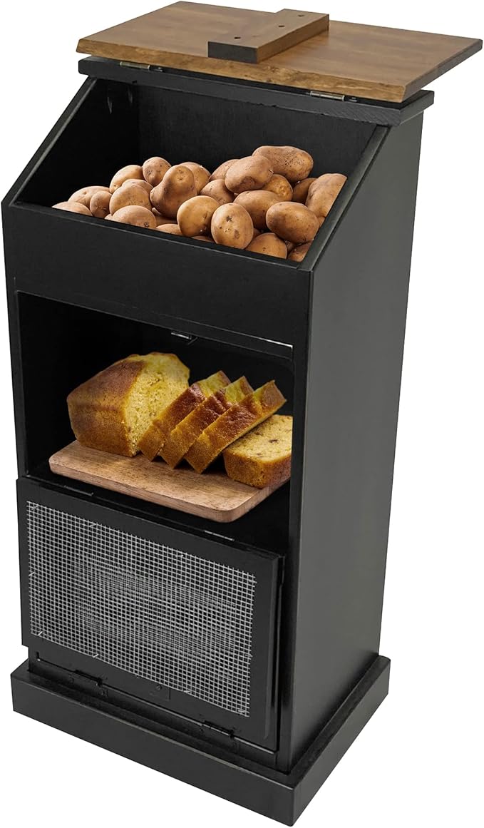 Peaceful Classics Potato Storage Wood Box, Wooden Bread Bins, Decorative and Onion Bin, Bin w/Grocery Section, Vegetable w/Lid for Kitchen Pantry, Black, KS302B