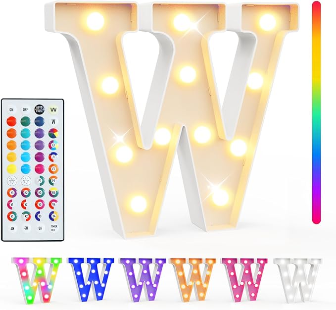 Pooqla Colorful Light Up Letters with Remote, Upgraded 35 Colors LED Marquee Letters, RGB Lighted Letter for Girls Teenager Gift, Birthday, Party, Wedding, Night Light, Room, Bedroom Decor, Letter W