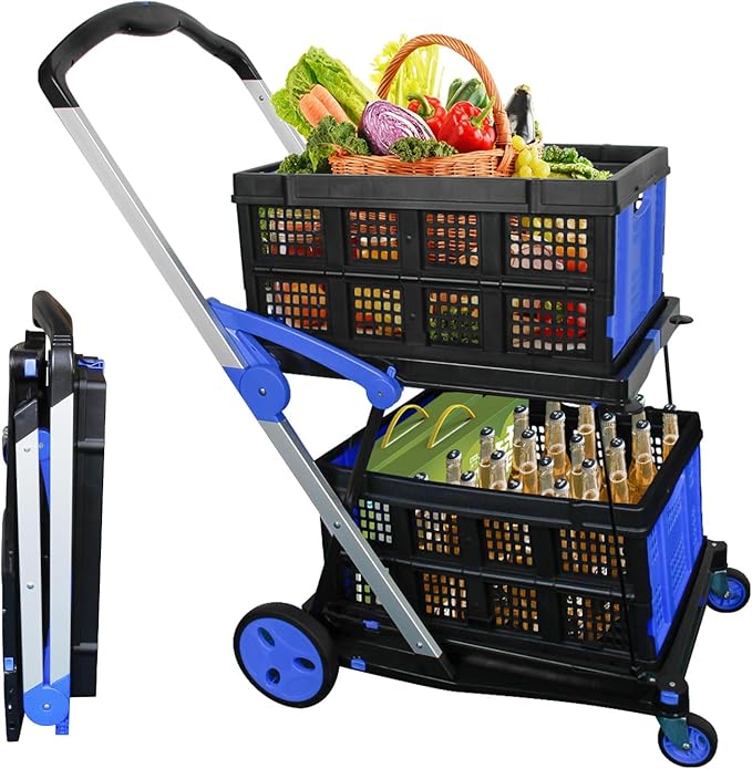 Collapsible Shopping Cart with 2 Storage Crates 2-Tier Portable Utility Cart with Swivel Wheels 200lb Capacity Heavy Duty Folding Shopping Trolley for Office Warehouse Catering (Blue)