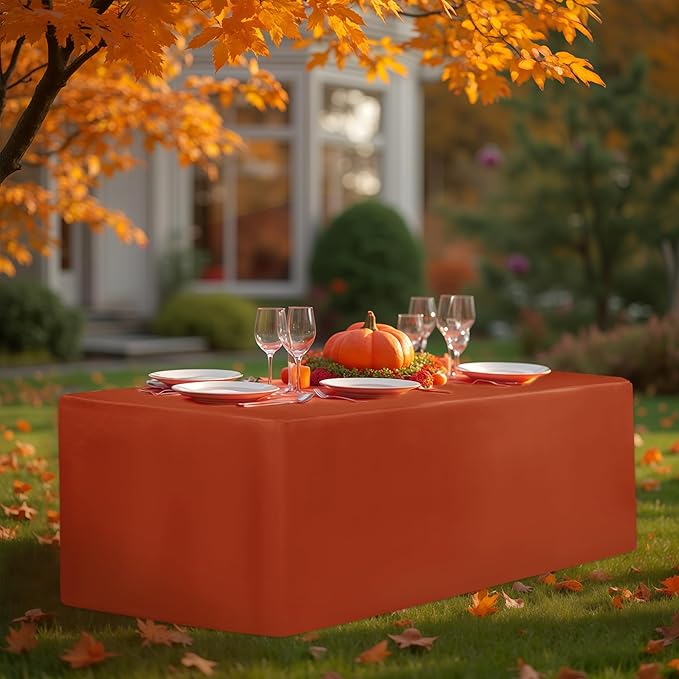 HolidayIdeas 4 Pack 3-Sided Christmas Fitted Tablecloth for 8ft Tables, Open Back Rust Table Cover for Vendor Booth Display, Craft Fair, Trade Show, Allows Seating & Easy Access Storage