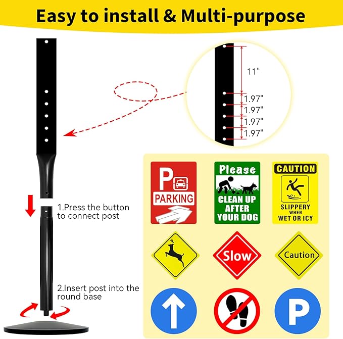 Heavy Duty Cast Iron Sign Post With 12" Diameter Bottom Round Base, 48" Movable Stand for Hanging Signs