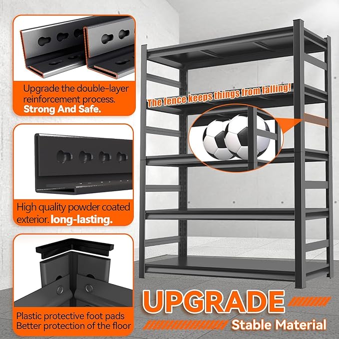 Adjustable 5-Tier Garage Shelving, Heavy Duty Steel Storage Rack, High Load Capacity, Ideal for Garage, Warehouse, or Home Organization (with Fences, 32" W*15.7" D*63" H)