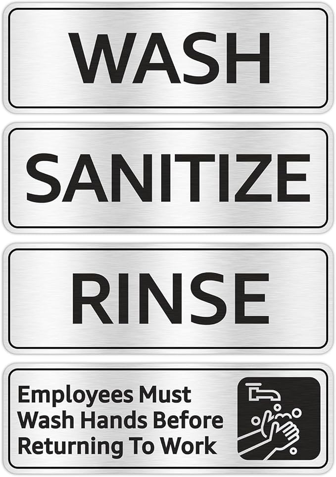 Faittoo Wash Rinse Sanitize Sink Labels Signs with Employees Must Wash Hands Sign, (4 Pack) 9" x 3" Rust Free Brushed Aluminum Sign, Self-adhesive, for Restaurant, Hotel, Rest Stops, Company