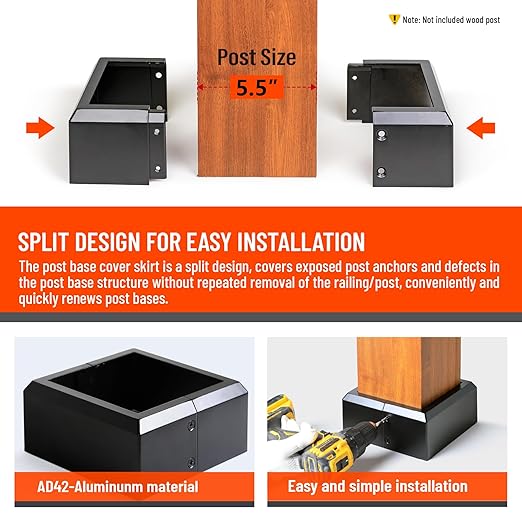 6"x6" (Actual: 5.5"x5.5") Deck Post Base Cover Split, Aluminum Post Base Trim Skirt Decorative Black 2Pack