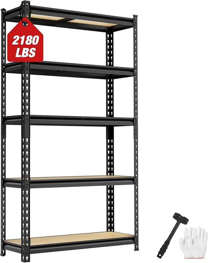 WORKPRO 2180LBS Garage Shelving Unit, Heavy Duty 5-Tier Adjustable Storage Shelf, Shelving Units and Storage for Kitchen, Basement or Pantry, 27.6”Wx11.8”Dx60”H, Black