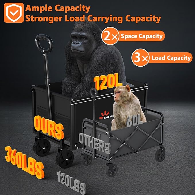 YACONA 3 in 1 Wagons Carts Foldable, 360LBS Lightweight Wagon with All Terrain Wheels, Collapsible Wagon Cart for Grocery, Camping, Beach, Garden & Sports
