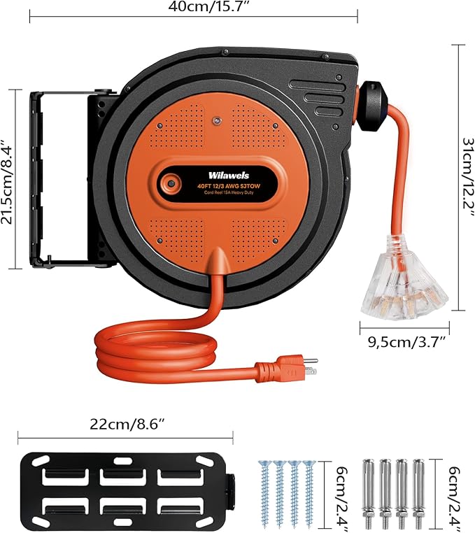 40 FT Retractable Extension Cord Reel, Heavy Duty Power Cord, 12AWG/3C SJTOW, 3 Grounded Outlets Lighted Triple Tap, 15 Amp Circuit Breaker, Wall/Ceiling Mounted, ETL Listed, Orange G40ACR06