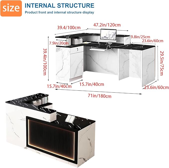 L-Shaped Reception Desk with Counter LED Light and Lockable Drawers and Storage Tall Modern Front Desk Reception Counter for Checkout Lobby Beauty Salon D Right 71inch/180cm