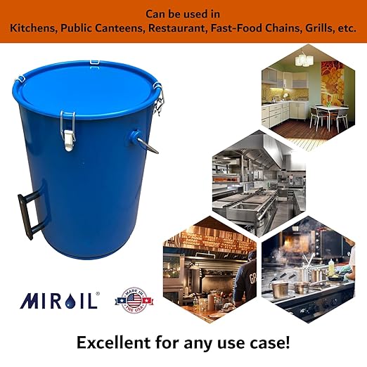 MirOil 6 Gallon Blue Oil Grease Bucket & Filter Pot – Steel Fryer Container w/Lid Lock & Clip, Food Grade Interior Coating - Hot Grease Collection Pot for Disposal Under Drain Valves – Model #30L
