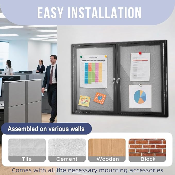 Enclosed Bulletin Board 48"x36" Outdoor Weatherproof Cork Noticeboard with Locking Door Wall-Mounted Gray Fabric Black Aluminium Frame for Home, School, Office, Community, Hospital