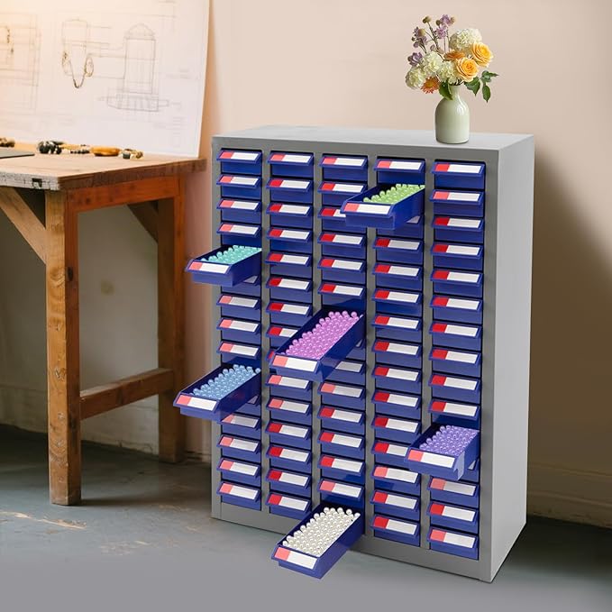 75 Drawer Parts Cabinet,Metal Tool Cabinet with Each Drawer 5.5 Lbs Load ,Bolt and Nut Tool Storage Box with Hooks , Material Cabinet for Hardware Stores, Warehouses, Car Repair Shops(Grey & Blue )
