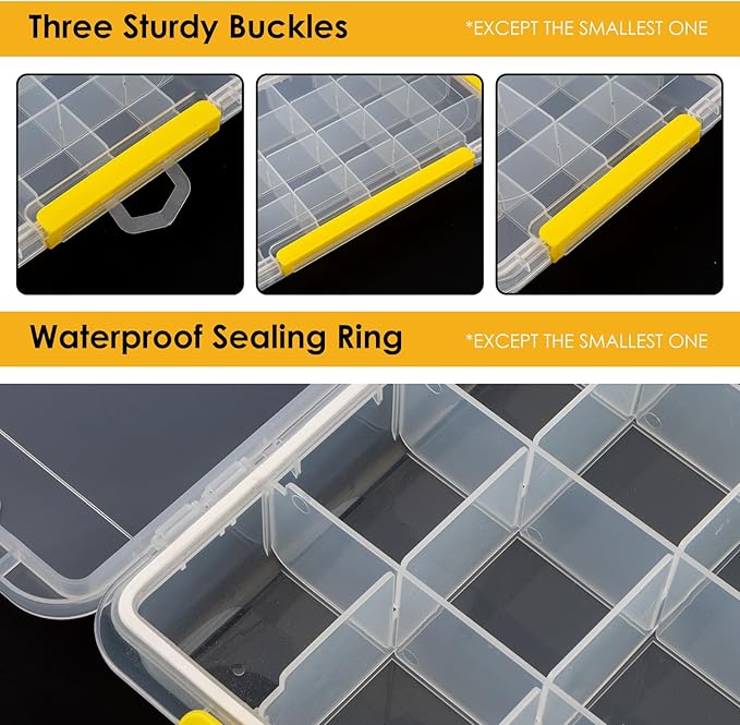 DOWELL Tackle Boxes, Plastic Tackle Storage Box Set, 4 Assorted Sizes with Removable Dividers, Fishing Tackle & Parts Organizer (4 Packs Trays)