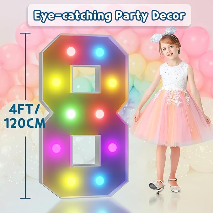 imprsv 4FT Colorful Marquee Numbers,18 Colors with Remote, Light Up Numbers 8 for 18th 80th Birthday Decorations Anniversary Party Decor, Pre-Cut Foam Board Kit, Mosaic Sign for Balloon