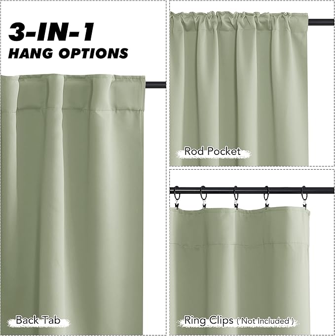 KGORGE Room Darkening Curtains 36 inch for Bedroom, Privacy Solid Thermal Insulation Noise Reducing Small Window Curtains for Bathroom Basement Office, W34 x L36, Sage Green, 2 Panels