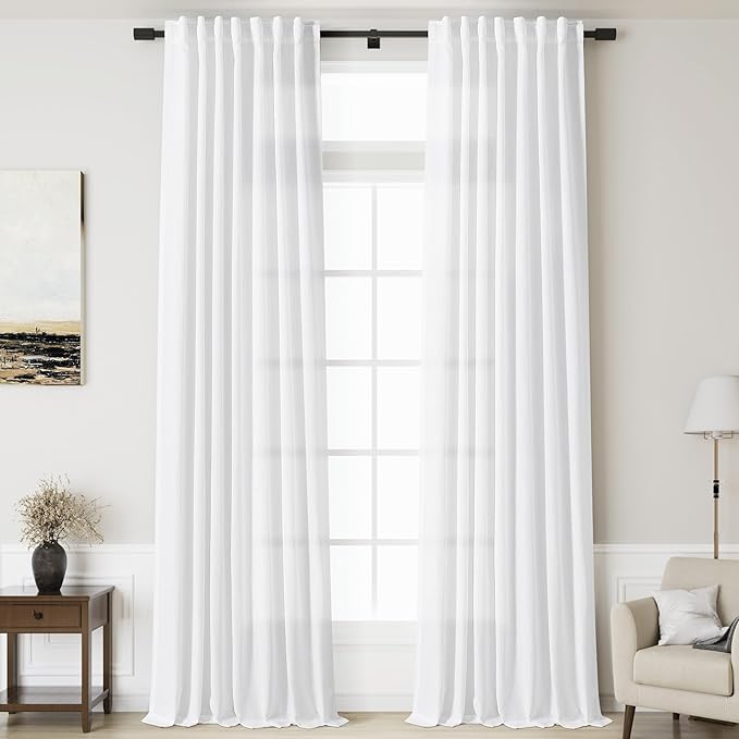 Nanspring White Extra Long Linen Curtains 2 Panels Set 141 Inches Long for Dinning Room Back Tab Rod Pocket Light Filtering Semi Sheer Drapes Linen Textured Window Curtain for Bedroom 52x141