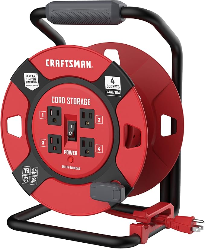 CRAFTSMAN Retractable Extension Cord Reel 1 Ft. with 4 Outlets, Cable Management & Heavy Duty 14AWG SJTW Cable