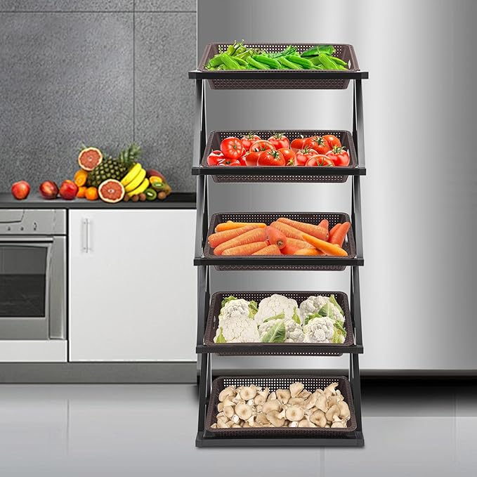 Fruit Vegetable Storage Basket,Kitchen Organizers 5 Tier Basket Stand Storage Baskets Market Shelf for Kitchen Store (Brown)