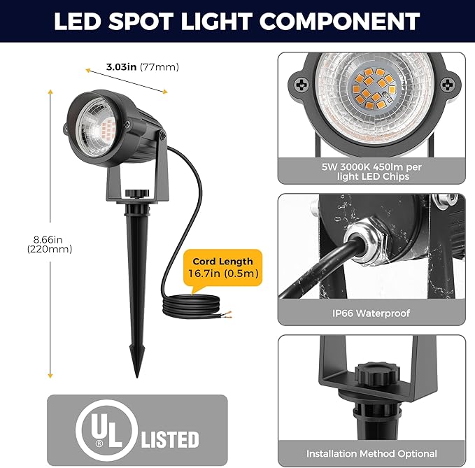 L LOHAS LED 5W Low Voltage Landscape Lighting, Christmas Outdoor Spot Lights with Connectors, 12V 24V IP66 Waterproof 3000K Warm White Plug in Spotlights for Yard, Garden, Pathway, House (6 Pack)