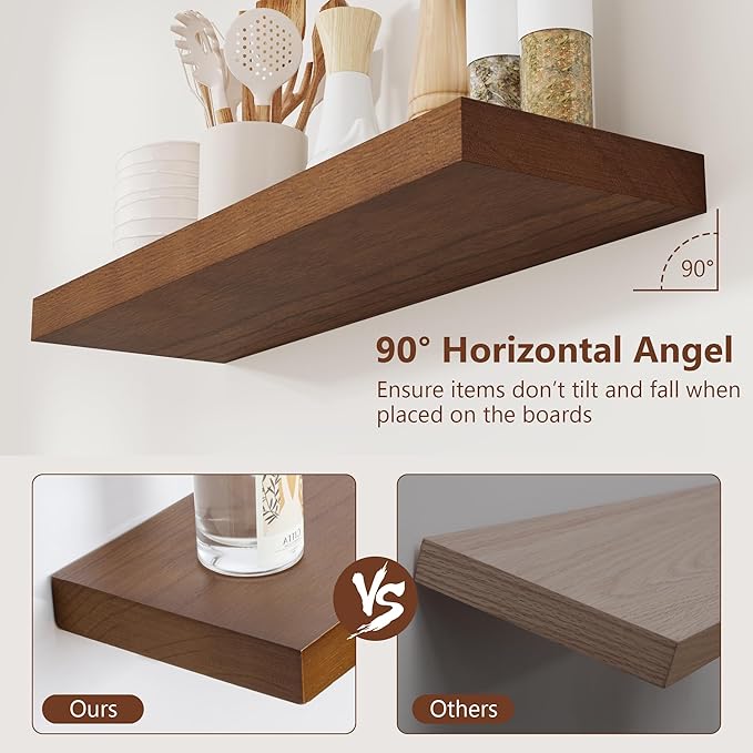 fuqing 24 Inch Floating Shelves Set of 2, Rustic Solid Wood Wall Mounted Shelves for Decor & Storage, Dark Walnut Shelves for Bedroom Kitchen Living Room - Dark Walnut
