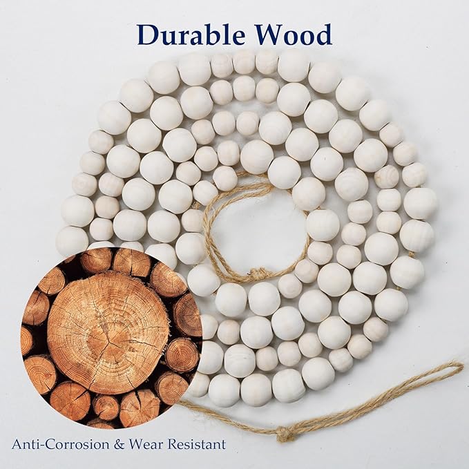Hanging Photo Display Wall Decor with 30 Wood Clips, YuanDe 67 Inches Boho Wooden Bead Garland Collage Picture Frame Photos String DIY, Photo Hanger for Bedroom Office Dorm Room Decor Gifts(2PCS)
