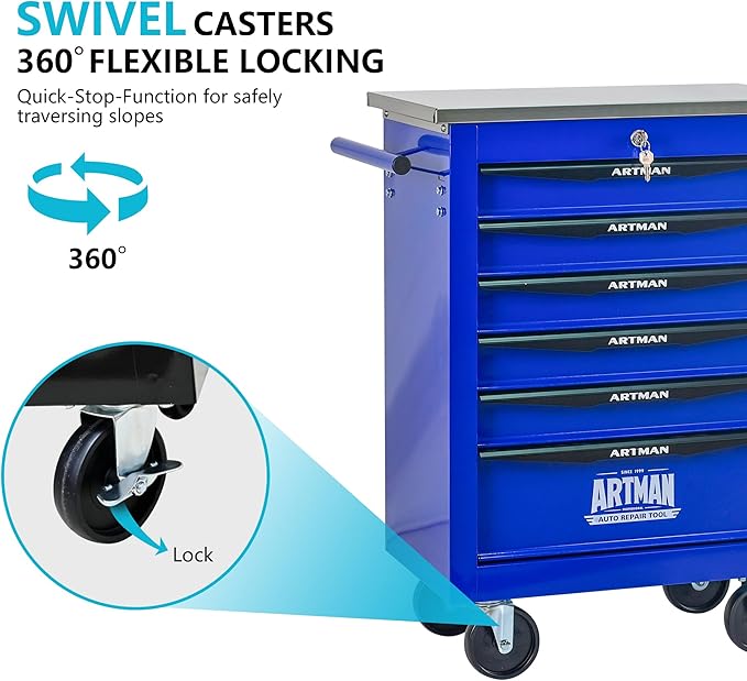 6 Drawers Tool Cart on Wheels with Stainless Steel Worktop, Heavy Duty Mobile Rolling Drawer Tool Chest with Locking Wheels & Lockable Drawers, Garage Tool Storage Cabinet (Blue, 6 Drawers)