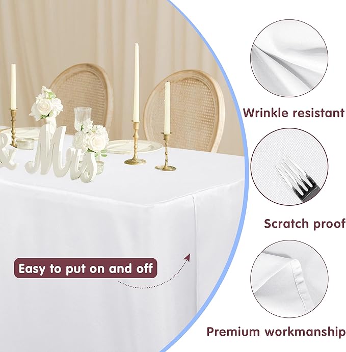 HolidayIdeas White Tablecloths for Rectangle 8 Foot Tables - 96 x 30 Inch - 2 Pack Fitted Tablecloths Polyester Fabric Table Cover for Parties, Wedding, Trade Show