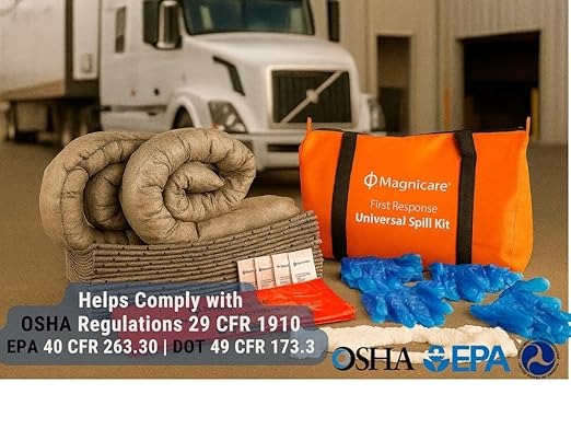 Universal Spill Kit OSHA Approved - Biohazard Clean up Kit for Oil, Water & Chemicals | 15 Absorbent Pads, 2 Socks, PPE, Biohazard Bags in Bright Orange Duffel Bag