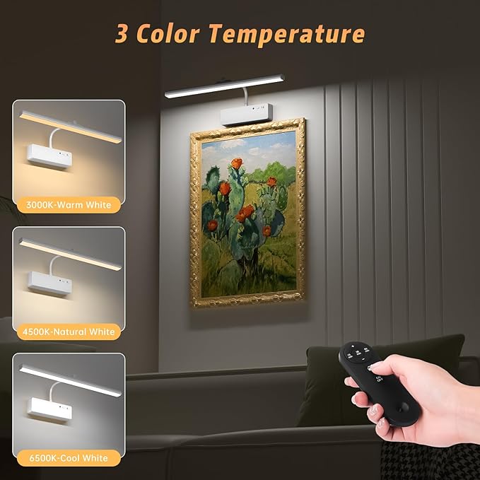 Lightbiz Picture Light, 15.35inch 5400mAh Rechargeable Picture Lights for Wall Battery Operated Wall Lights with Remote, 3 Colors Paintings Light Dimmable Art Light for Artwork, Gallery (Silver)