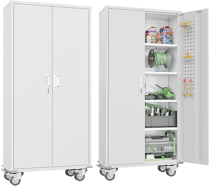 Greenvelly Metal Garage Cabinets with Wheels, 72" Rolling Storage Cabinet with Pegboards and Shelves, Tall Tool Cabinet with Locking Doors for Garage,Home Office,Warehouse(White)
