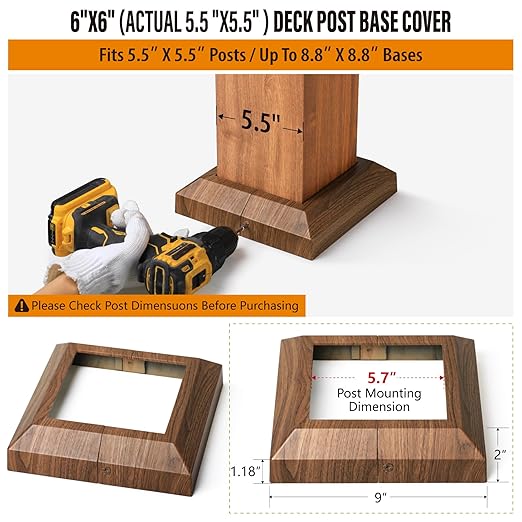 2 Pcs 6"x6" (Actual: 5.5"x5.5") Aluminum Post Base Cover for Railings, Stairs, Patios, Porches - Split Deck Post Skirt (Walnut Wood)