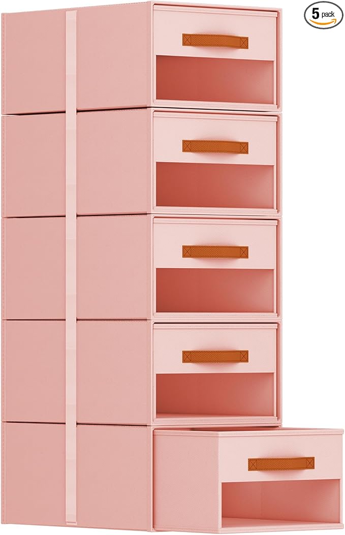Stackable Storage Drawers - Pull Out Storage Bins with Drawers for Closet Clothes Organizers with Weekly Labels & Clear Window, Closet Shelf Storage for Bedroom, Living Room, 5 Pack, Pink