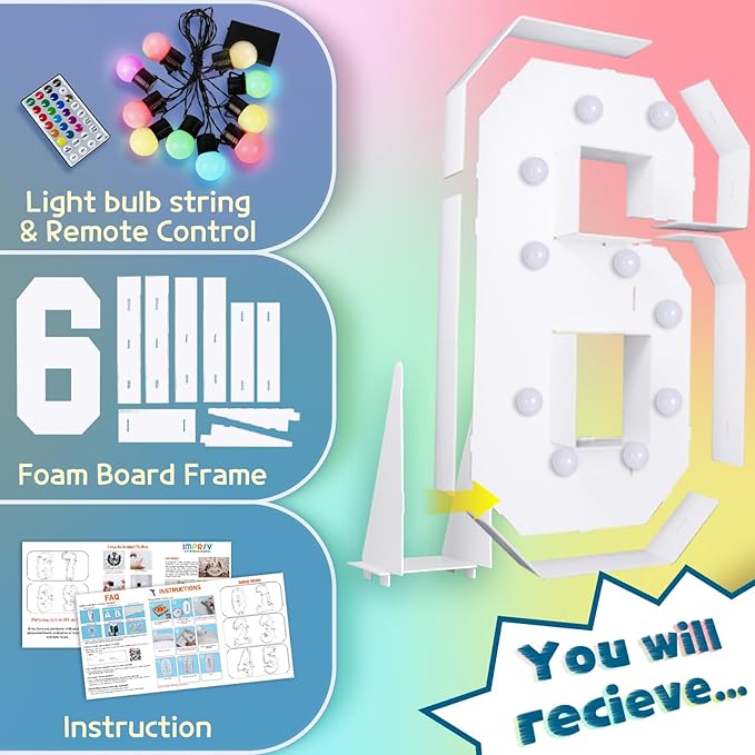 imprsv 4FT Colorful Marquee Numbers,18 Colors with Remote, Light Up Numbers 6 for 16th 60th Birthday Decorations Anniversary Party Decor, Pre-Cut Foam Board Kit, Mosaic Sign for Balloon