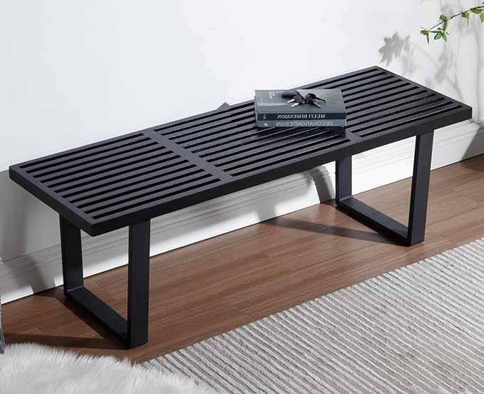 55" Black Solid Wood Entryway Bench, Modern Nelson End of Bed Bench for Bedroom w/Metal Legs, Dining Bench Long Ottoman for Front Entryway Living Room Dining Room Kitchen
