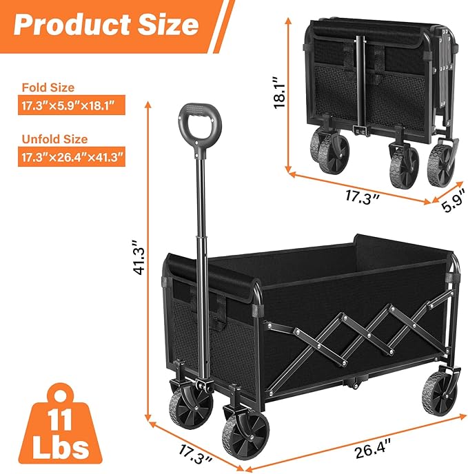 Wagons Carts Foldable Collapsible Wagon — Multi-Use Folding Utility Wagon Cart Portable for Groceries,Apartment Living,Sports,Park&Storage|Collapsible Wagon with Wheels for Yard Work,Shopping,Black