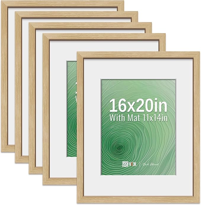 VCK 16x20 Picture Frame 5 Pack - Natural Oak, High-End Wood Poster Frames with Tempered Glass, Display 11x14 Photo with Mat or 16x20 without Mat, Art Gallery-Quality, Wall Hanging, Natural Oak