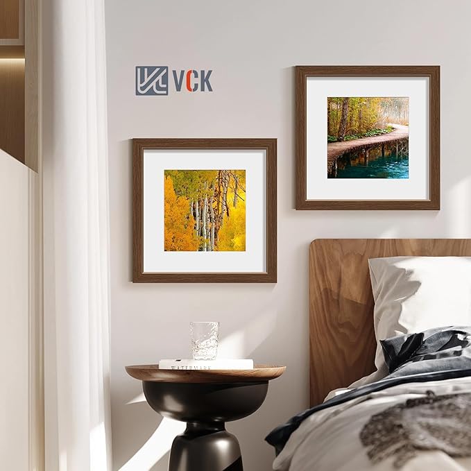 VCK 12x12 Picture Frame 5 Pack - Brown, High-End Wood Poster Frames with Tempered Glass, Display 8x8 Photo with Mat or 12x12 without Mat, Art Gallery-Quality, Wall Hanging, Brown