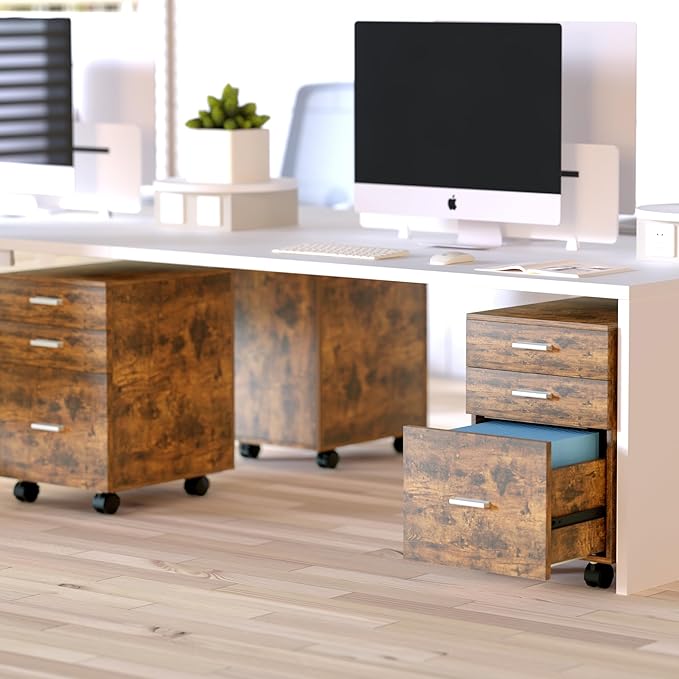 3 Drawer Mobile File Cabinet with Locking Casters,Rustic Brown,Fully Assembled Storage Cabinet with Drawers for Office & Home,18.9" L x 15.75" W x 22.05" H,220 lbs Capacity