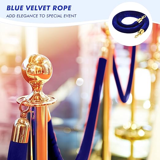 Woanger 6 Pack Velvet Stanchion Rope, 5 Feet Crowd Control Stanchion Ropes Safety Barrier with Gold Plated Hook for Carpet Events Movie Theaters Grand Openings Hotels Party(Blue)
