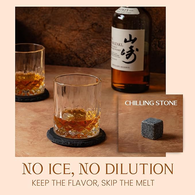 Mixology & Craft Whiskey Gift Set, Whiskey Glass Set with Rustic Wooden Crate, 8 Granite Whiskey Rocks Chilling Stones, 10oz Glasses, Raffle Gift for Men, Dad, Husband, Boyfriend - Jameson Dark Brown