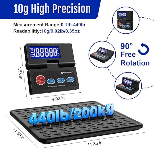 440lb Postal Scale,10g Accuracy Digital Shipping Scale for Packages with Backlit LCD,Alloy Steel Platform,USB-A/Battery Power,Tare/Hold/Auto-Off,Mail Scale for Small Business Postage Weighing