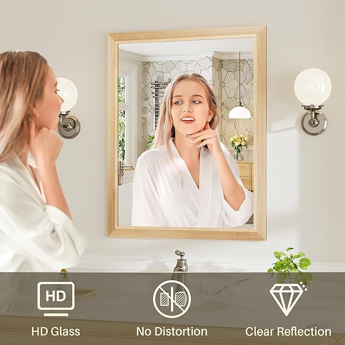 36x36 Inch Bathroom Mirror for Wall, Anti-Rust Oak Wood Grain Metal Framed Bathroom Mirrors for Over Sink,Rectangler Mirrors for Bathroom Vanity, Farmhouse, Bedroom, Living Room, Entryway Decor